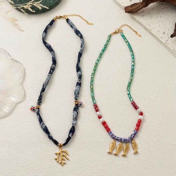 Beach themed charm bandana necklace, 2 piece set, fish necklace, scarf charm nec - Picture 3 of 3